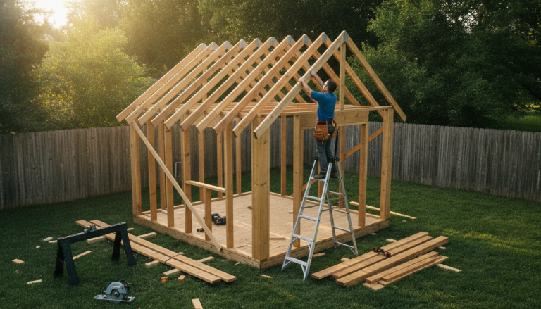 Worker assembling wooden shed frame on ladder in backyard with early morning sunlight