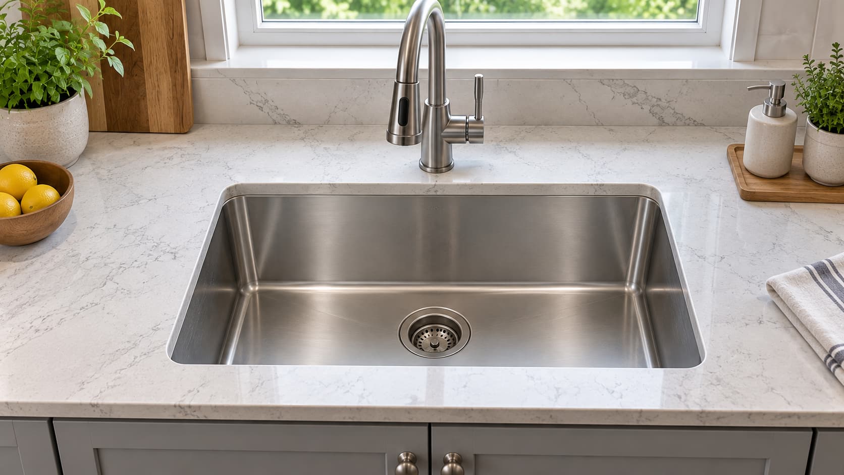 Undermount stainless steel kitchen sink fitted below a solid-surface countertop.