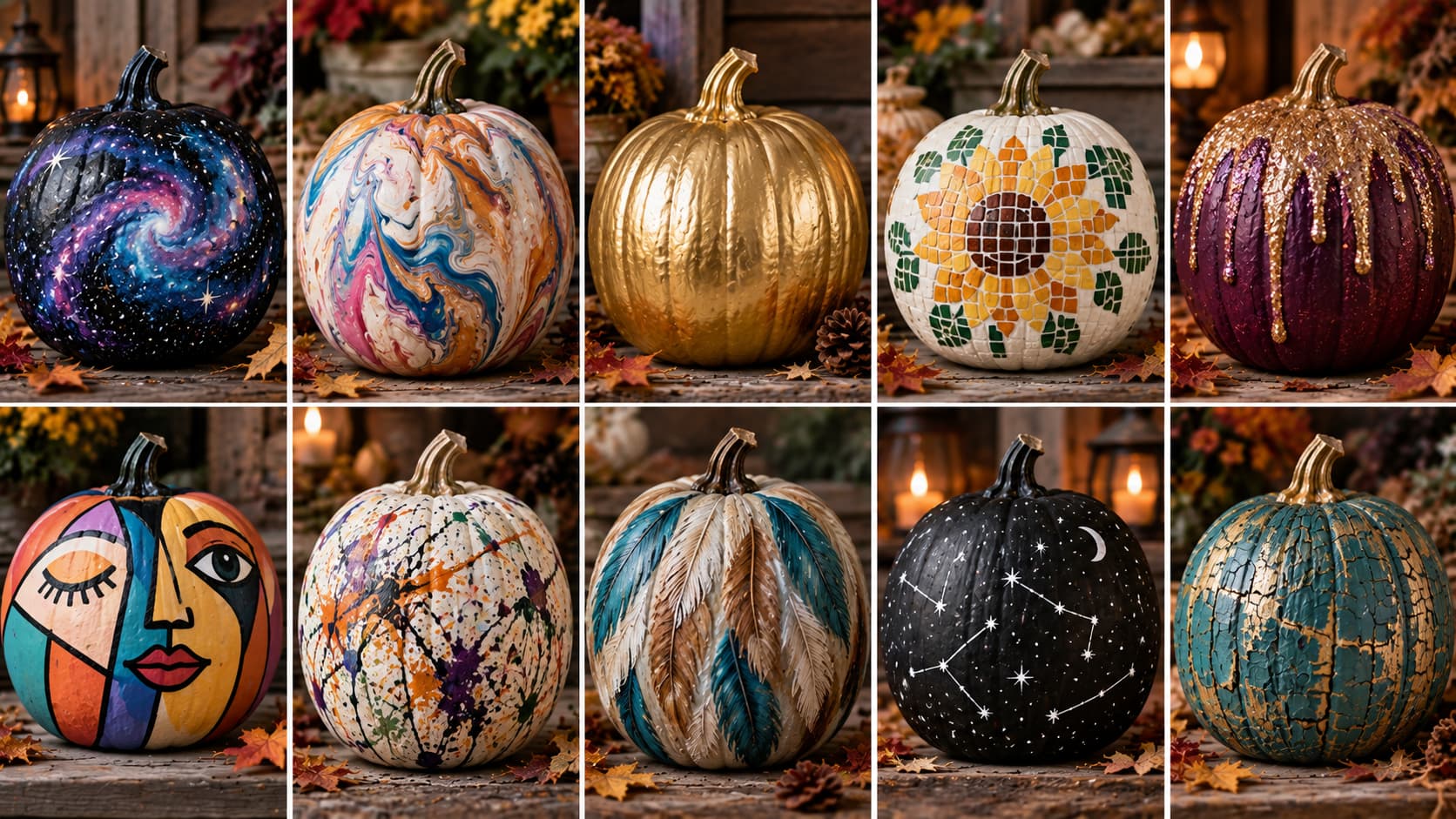 A ten-panel collage of detailed painted pumpkins featuring galaxy swirls, marbled patterns, gold leaf, abstract faces, and constellations.