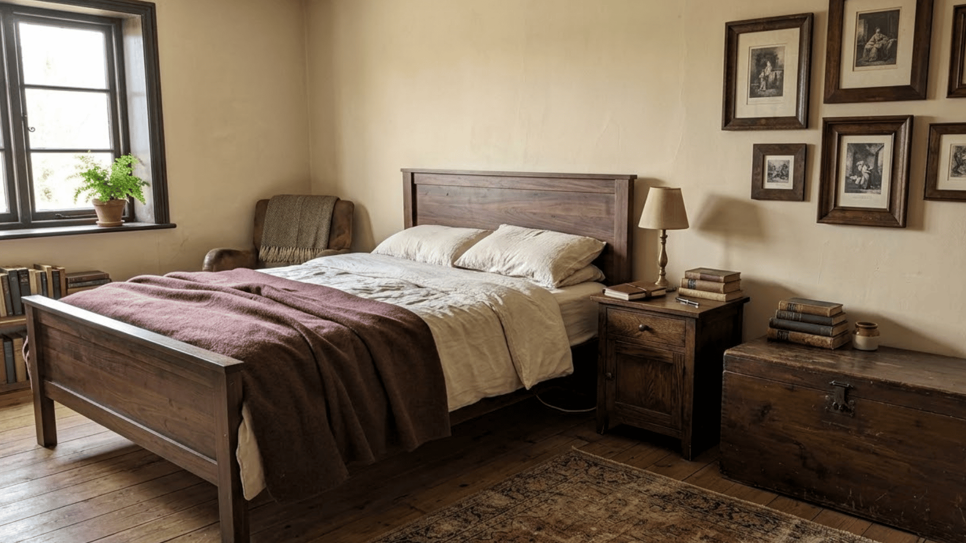 dark academia bedroom grounded by walnut furniture cream bedding and burgundy accents