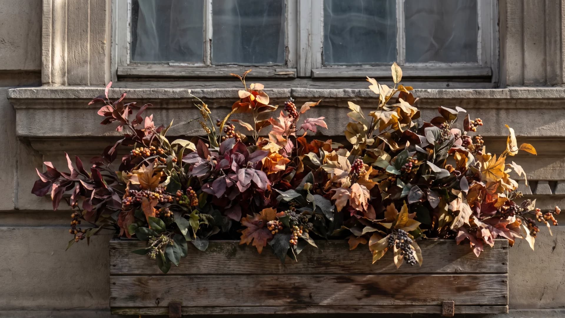 Artificial burgundy, orange, and gold foliage filling a low-maintenance fall window box.