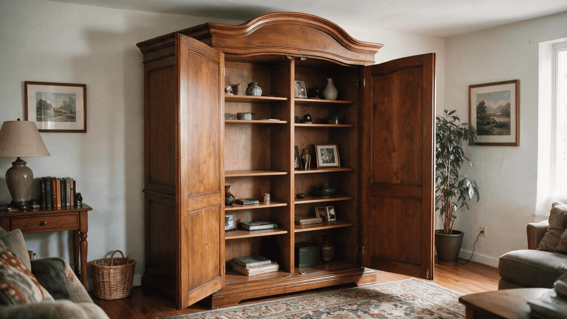 open oak armoire used as a display cabinet with books, vases, and framed photos
