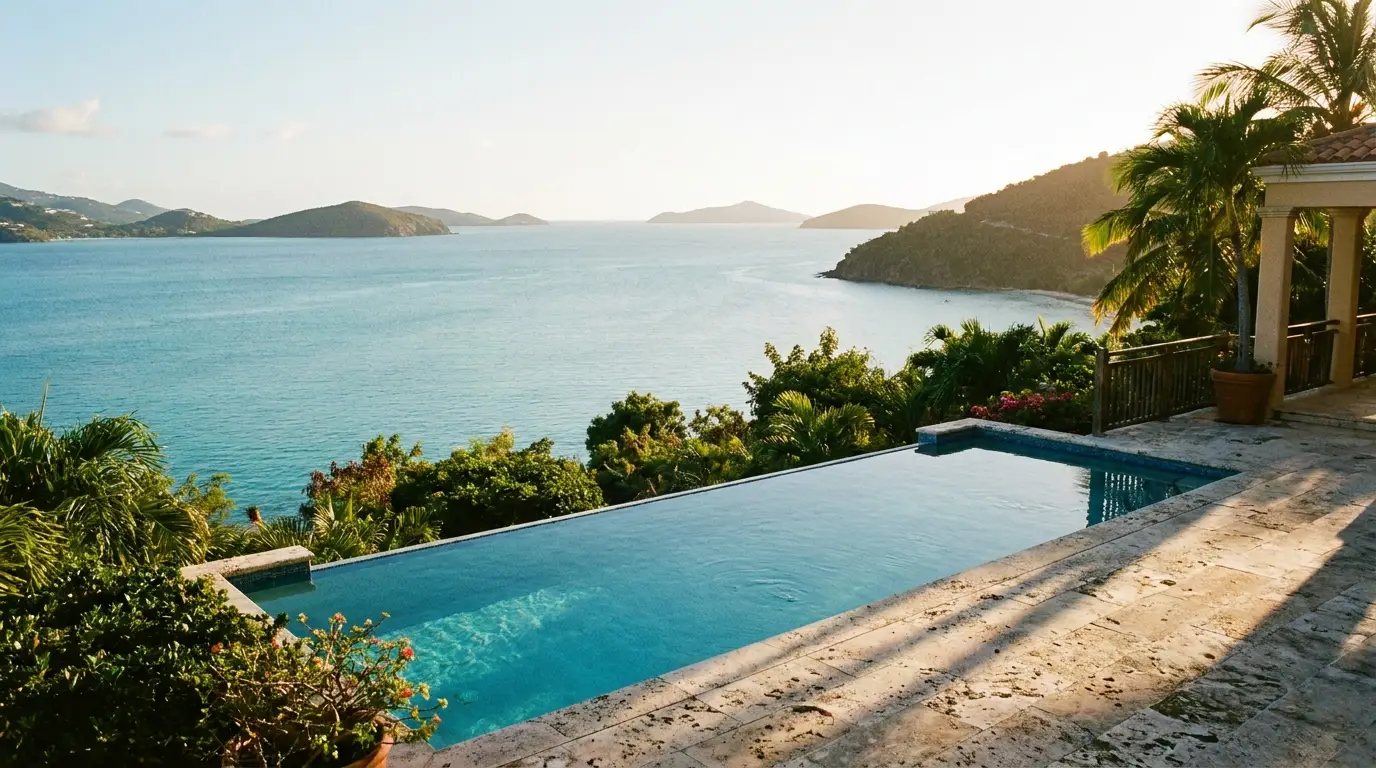 Infinity pool overlooking ocean and islands with lush greenery under warm sunlight