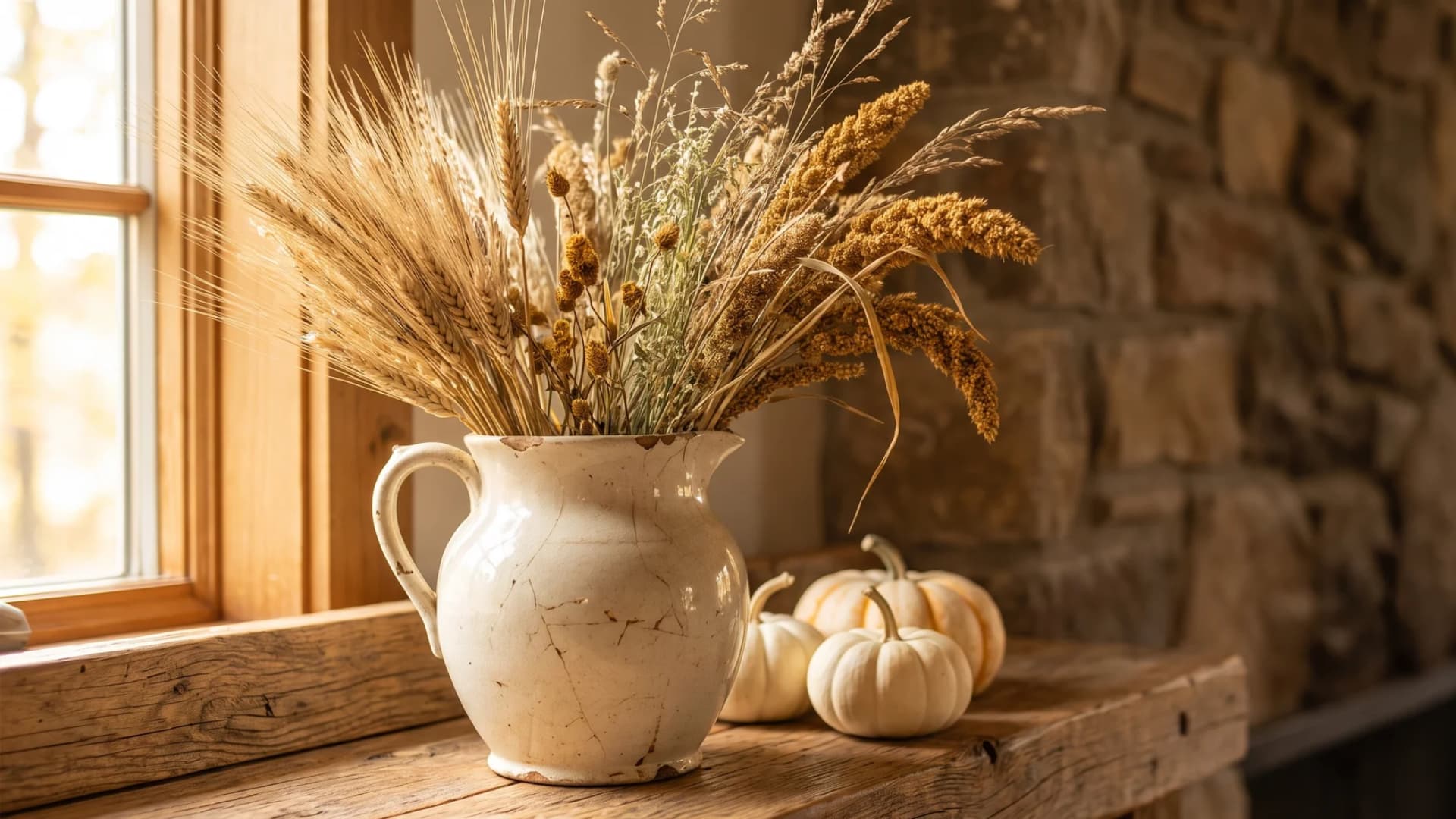 A vintage ceramic pitcher filled with foraged wheat stems and dried grasses placed on a wooden rustic mantel.