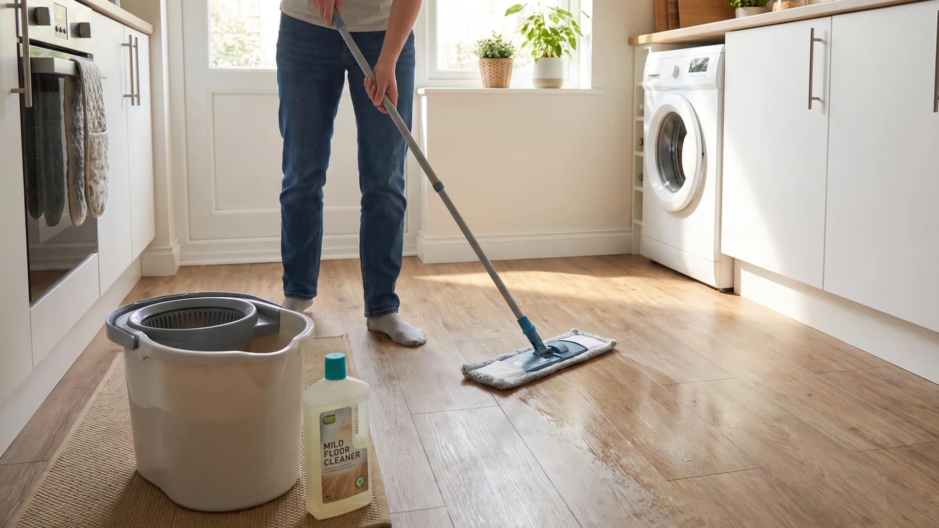 Person cleaning vinyl sheet flooring with a mop in a brightly lit kitchen.