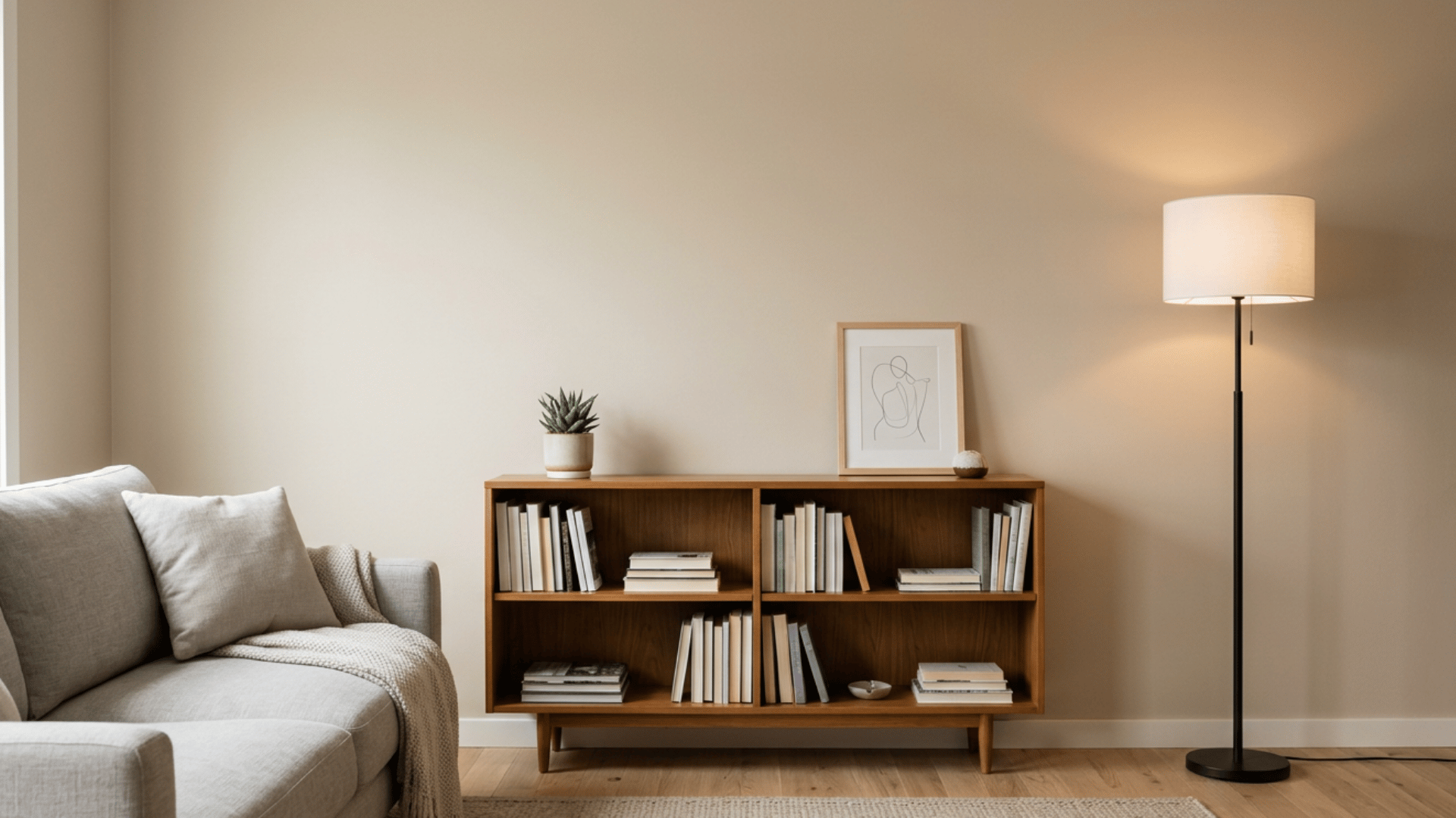 simple living room with sofa and bookshelf styled as a virtual background for video calls
