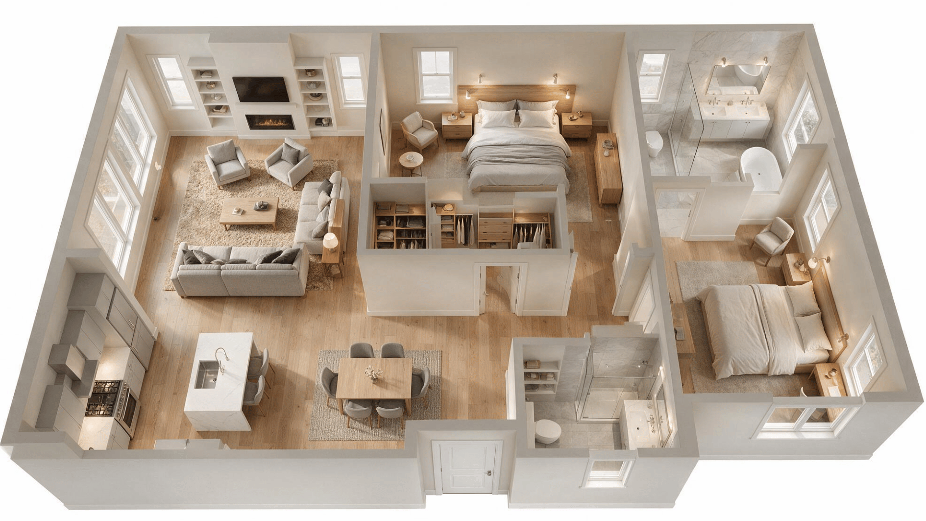 2 bedroom apartment layout with furnished rooms and an enclosed walk in closet off the primary bedroom