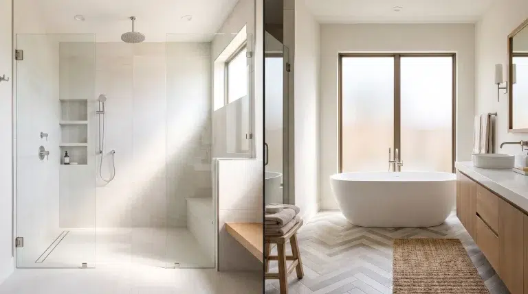 Modern bathroom with glass shower, freestanding tub, and herringbone tile flooring in neutral tones