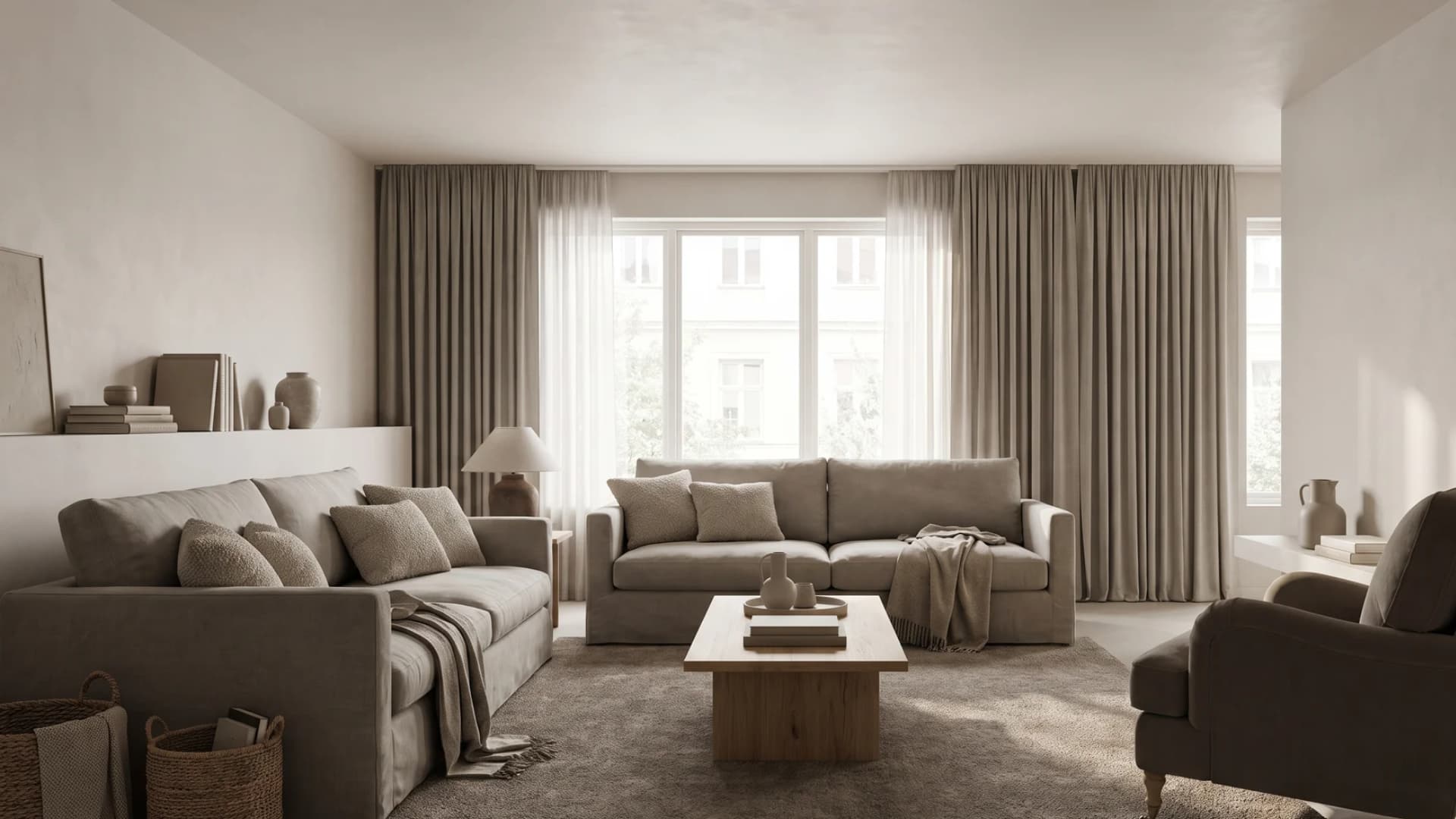 Open-plan greige living space with a warm neutral sofa and light oak wood floors.