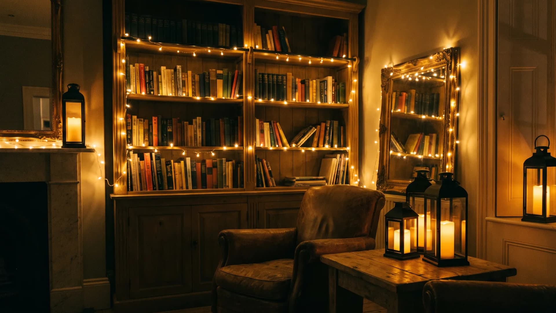 Floating wall shelf accented with warm glowing fairy lights and flickering LED lanterns.