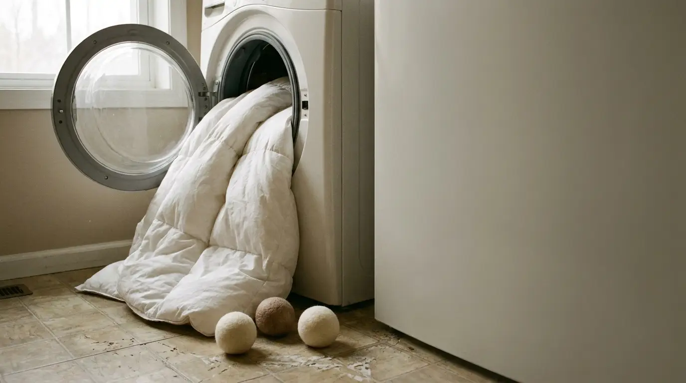 White duvet partially inside front-loading washing machine on tiled floor with wool dryer balls nearby