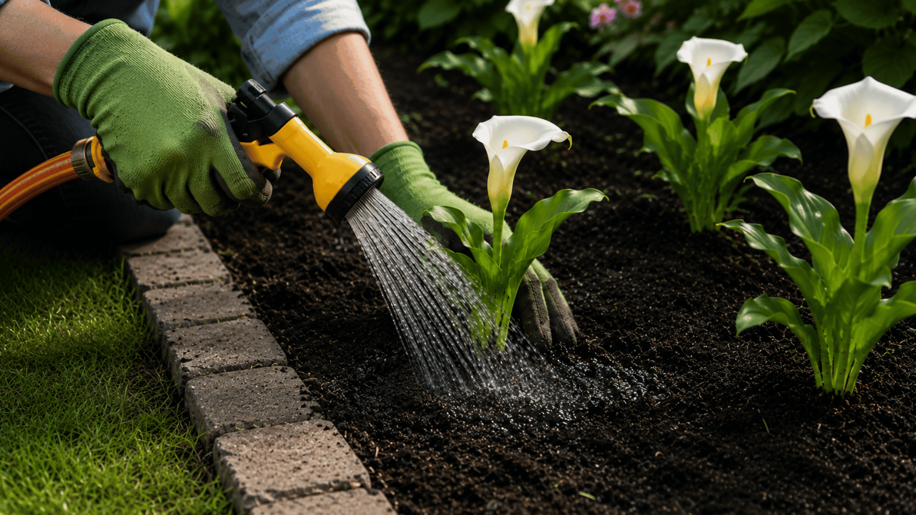 watering can moistening soil around actively growing calla lily shoots in a garden bed