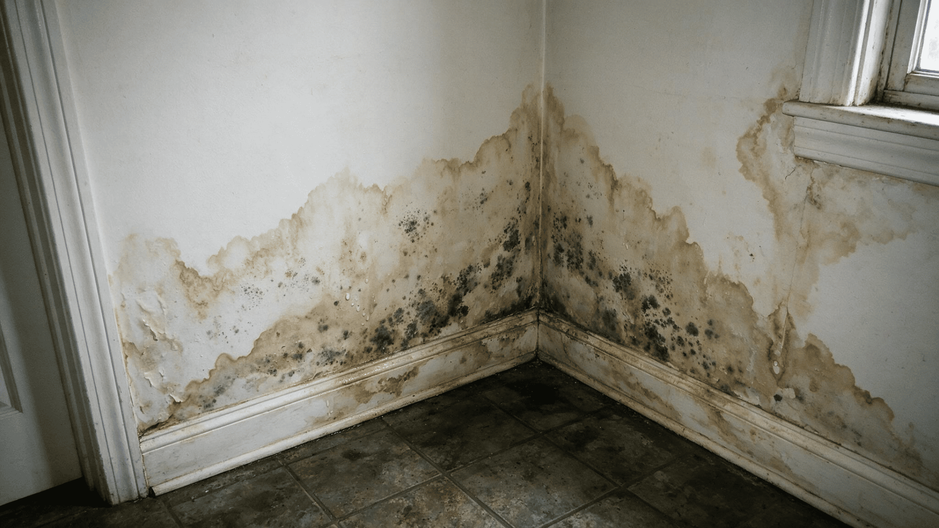 water damaged drywall with staining and mold near the floor