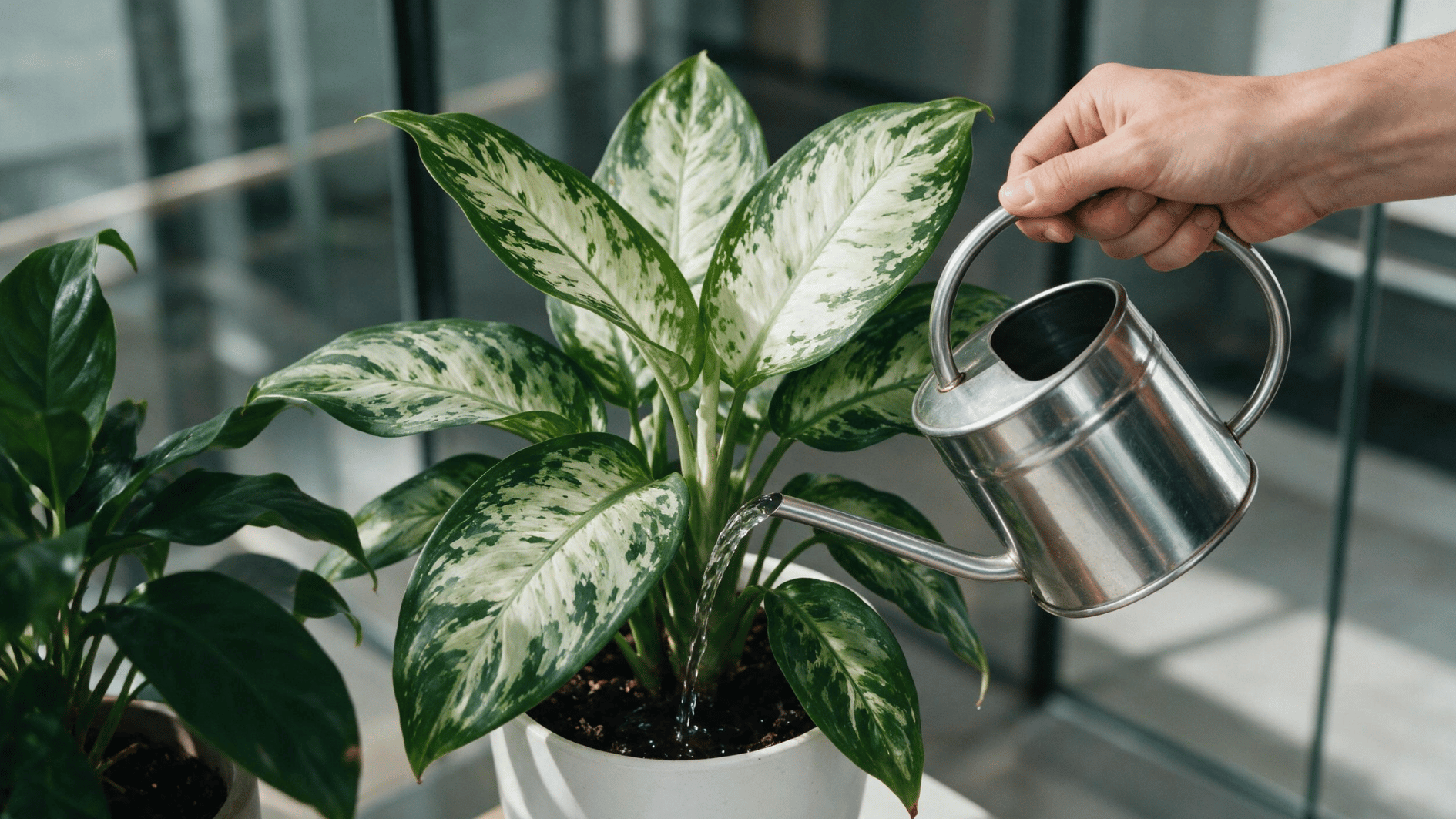variegated dieffenbachia being watered with a metal watering can to keep the potting soil evenly moist