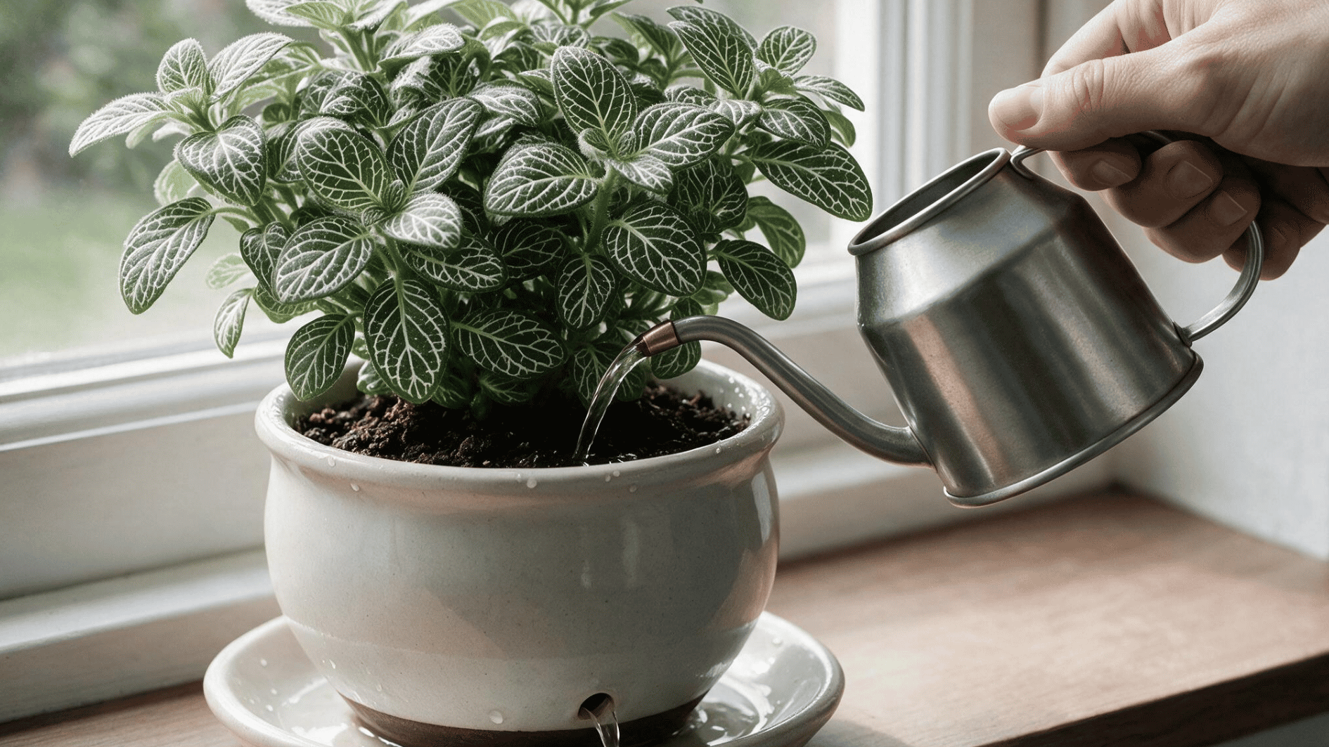 hand watering a fittonia plant with white veined green leaves in a ceramic pot beside a bright window