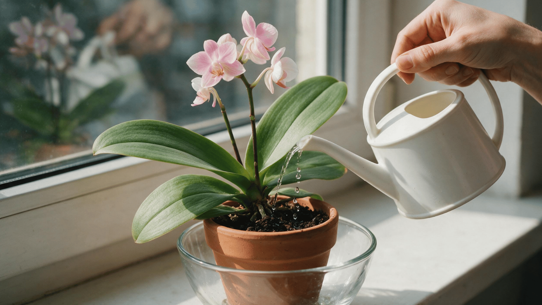 hand watering a pink orchid in a terracotta pot beside a bright window while excess water drains below