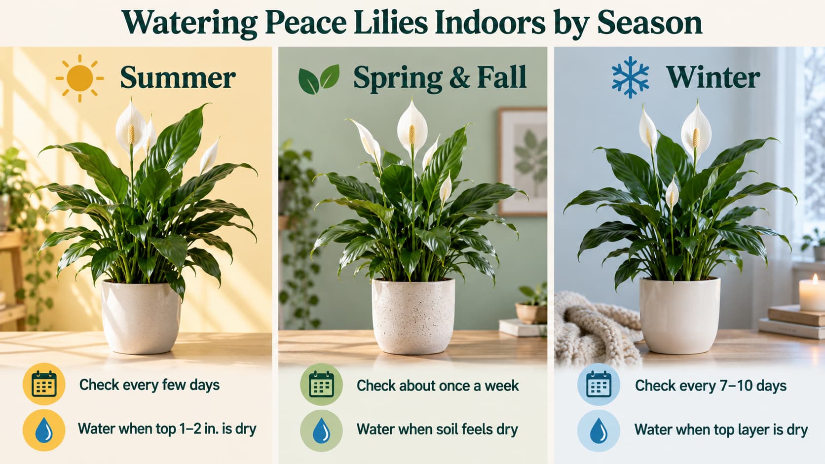 A three-panel infographic showing peace lily watering routines for Summer, Spring & Fall, and Winter.