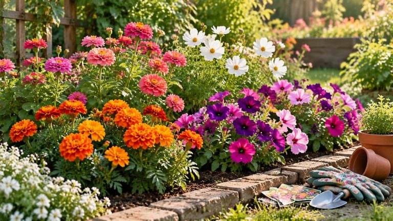 A vibrant garden bed filled with blooming annual flowers including pink zinnias, orange marigolds, and purple petunias.
