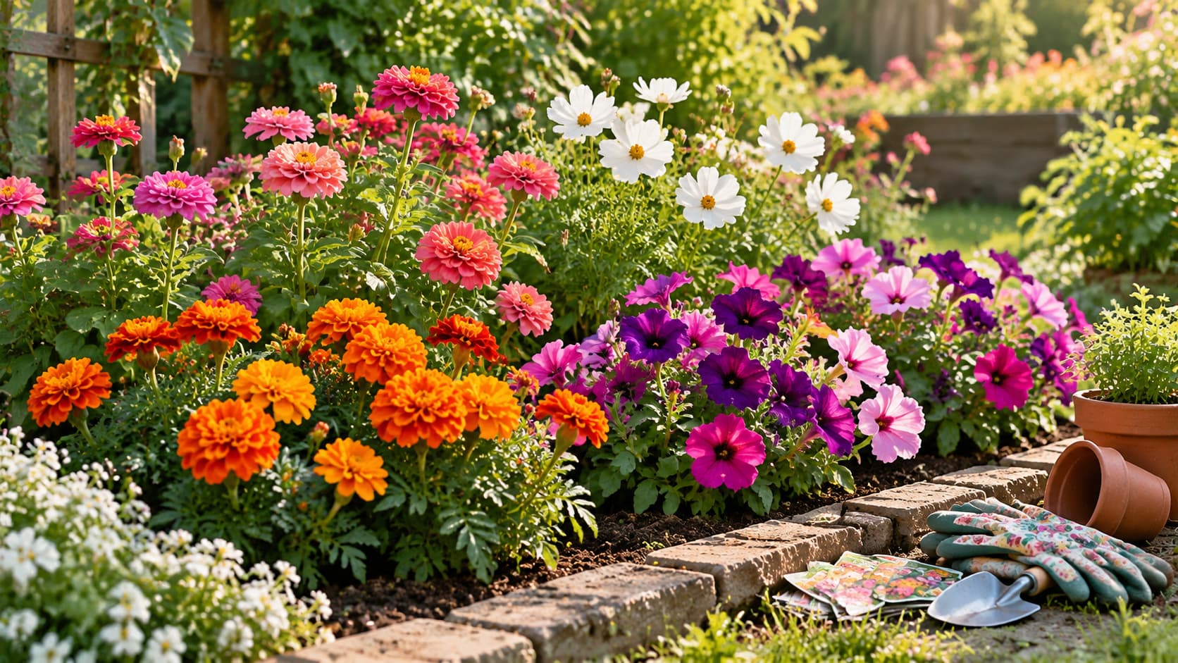 A vibrant garden bed filled with blooming annual flowers including pink zinnias, orange marigolds, and purple petunias.