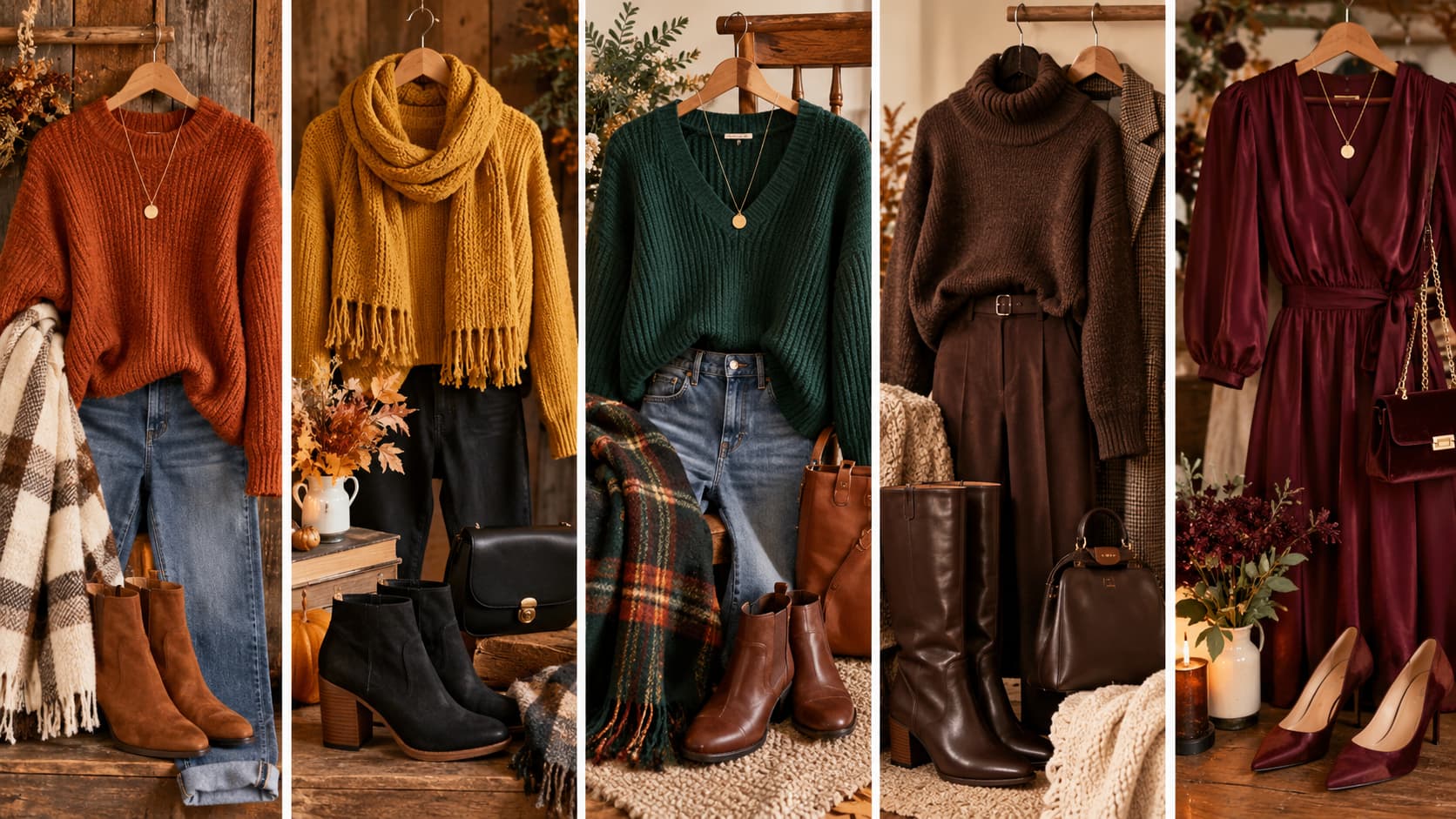A five-panel collage showing fall outfit ideas in Thanksgiving colors: burnt orange, mustard yellow, forest green, deep brown, and burgundy.