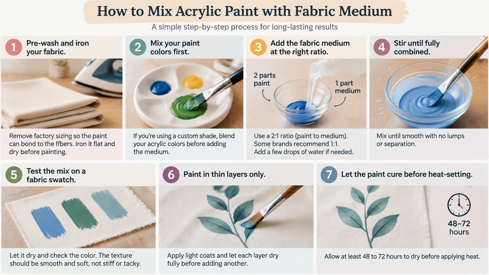 Step-by-step guide showing how to mix acrylic paint with fabric medium and apply it to fabric.