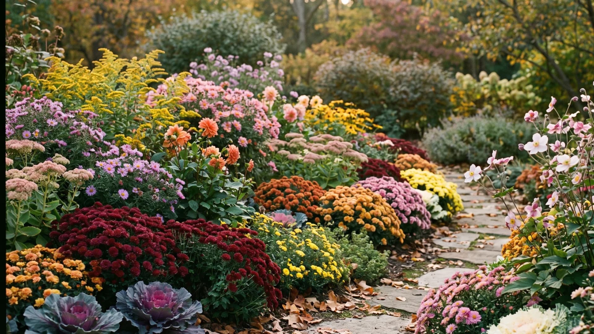 A colorful autumn garden border filled with blooming fall flowers, including mums, sedum, and goldenrod along a stone path.
