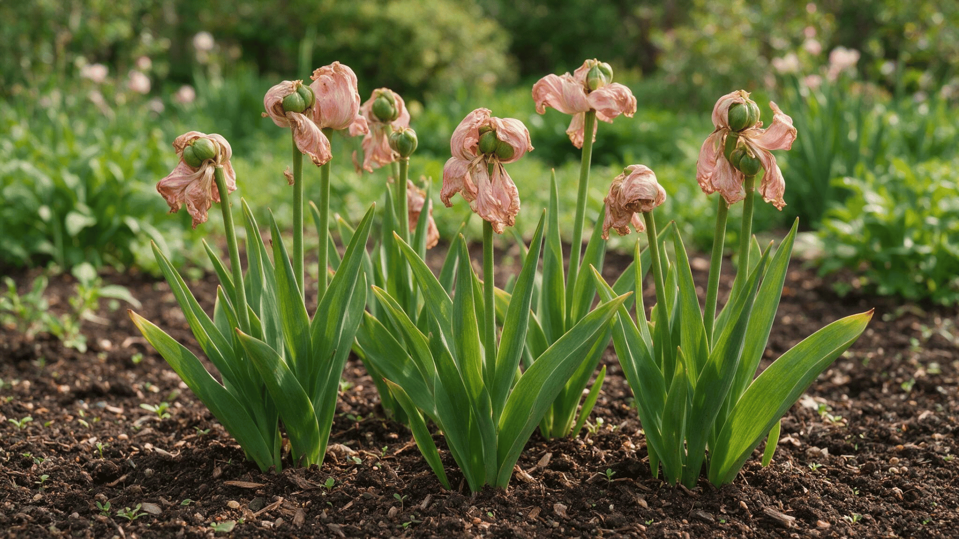 wilted tulip flowers with green leaves showing post bloom stage in a garden bed