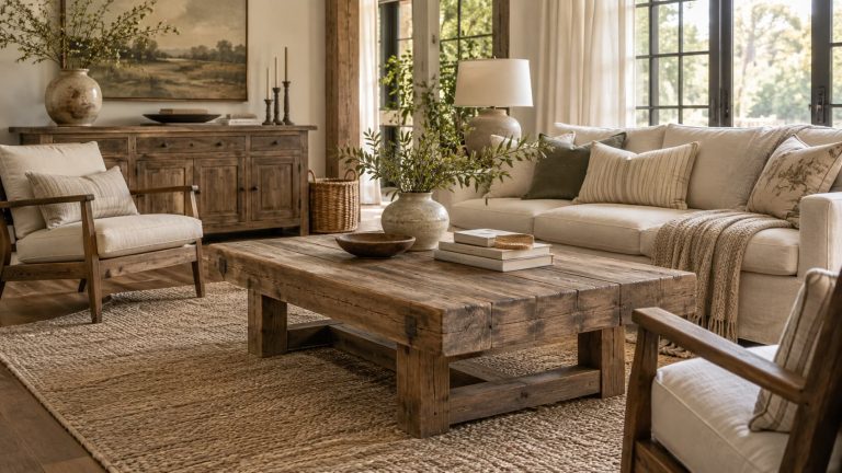 Cozy farmhouse style living room featuring a rustic wooden coffee table, neutral sofa, weathered wood sideboard, and natural woven accents