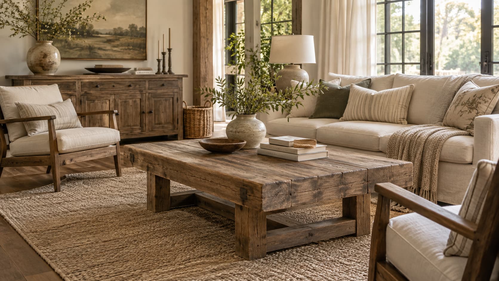 Cozy farmhouse style living room featuring a rustic wooden coffee table, neutral sofa, weathered wood sideboard, and natural woven accents