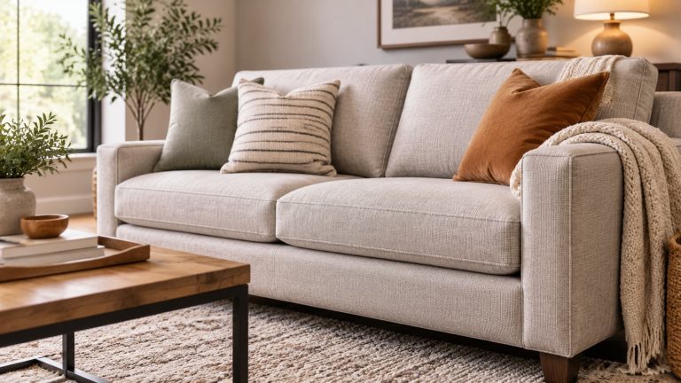 A beige modern sofa with throw pillows and a draped blanket, set in a brightly lit living room with a wooden coffee table and potted plant.