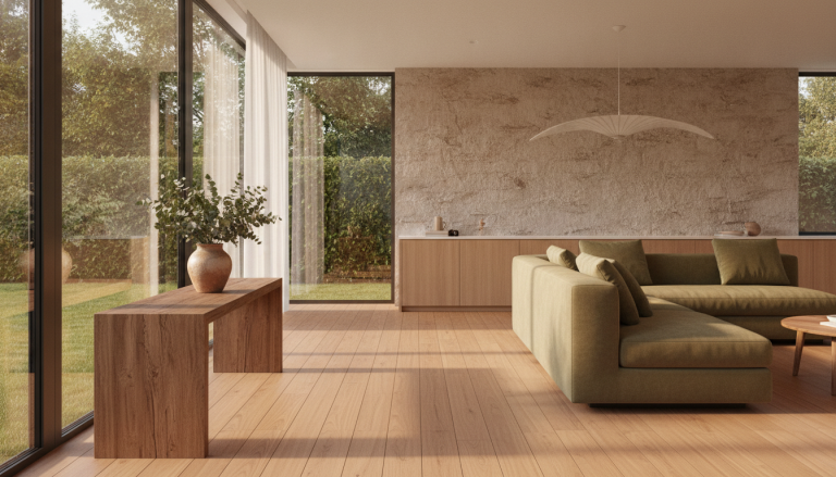 Modern living room with green sectional sofa, wooden table, large windows overlooking garden