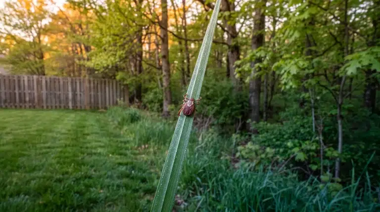 Tick crawling on grass blade in a wooded backyard during sunset