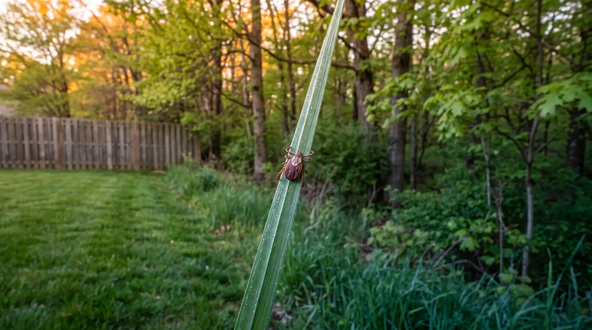 Tick crawling on grass blade in a wooded backyard during sunset