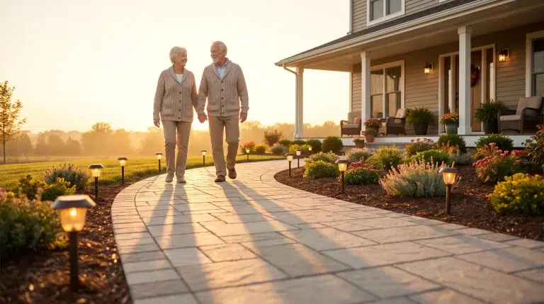 Elderly couple walking hand in hand on a paved garden path at sunset