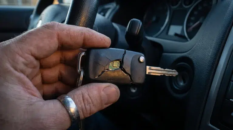 Hand holding a cracked car key fob inside vehicle interior with visible circuitry