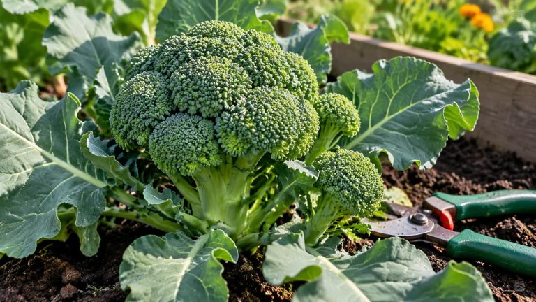 A mature broccoli head growing in a garden bed ready to be harvested with pruners.