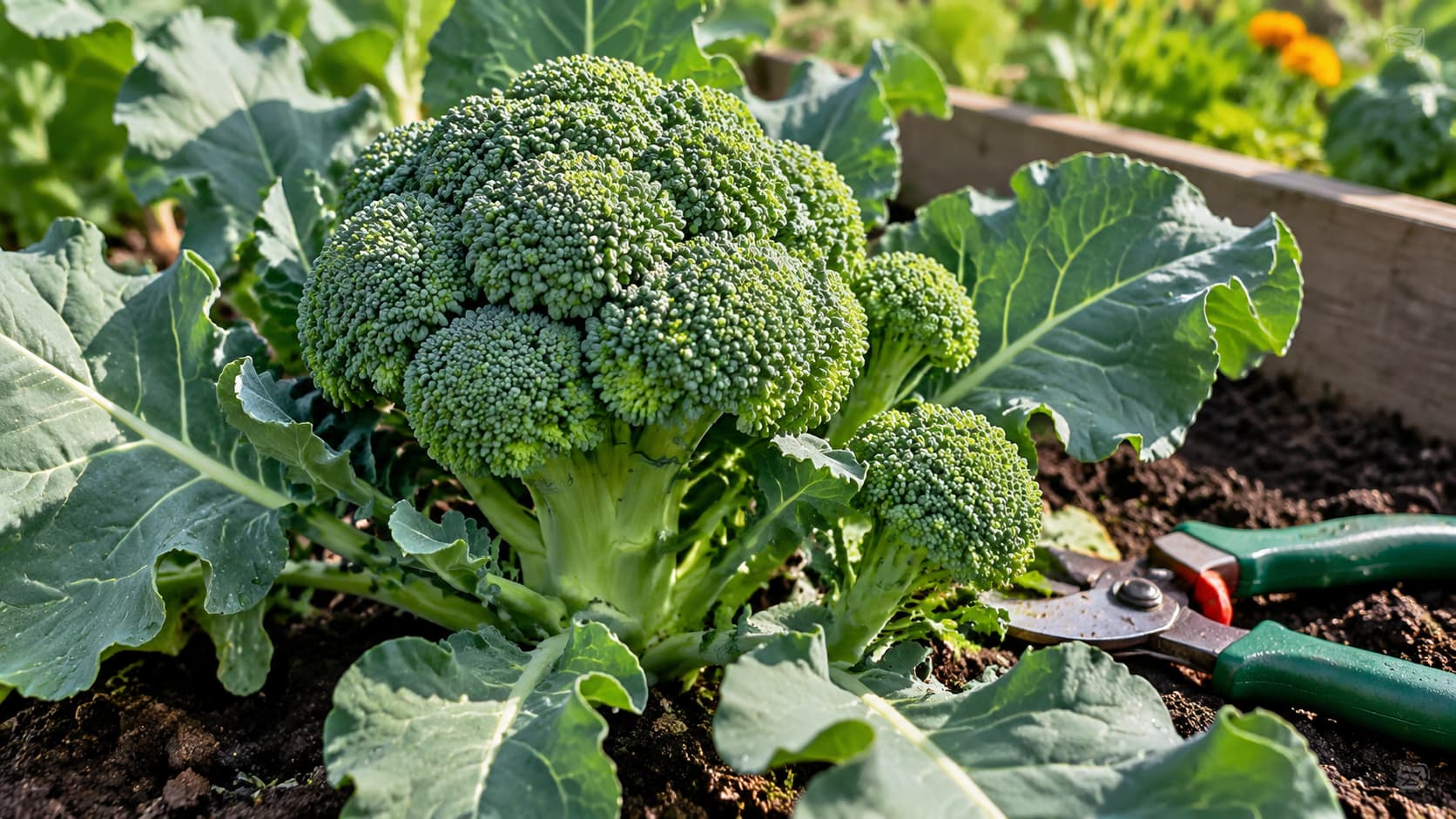 A mature broccoli head growing in a garden bed ready to be harvested with pruners.