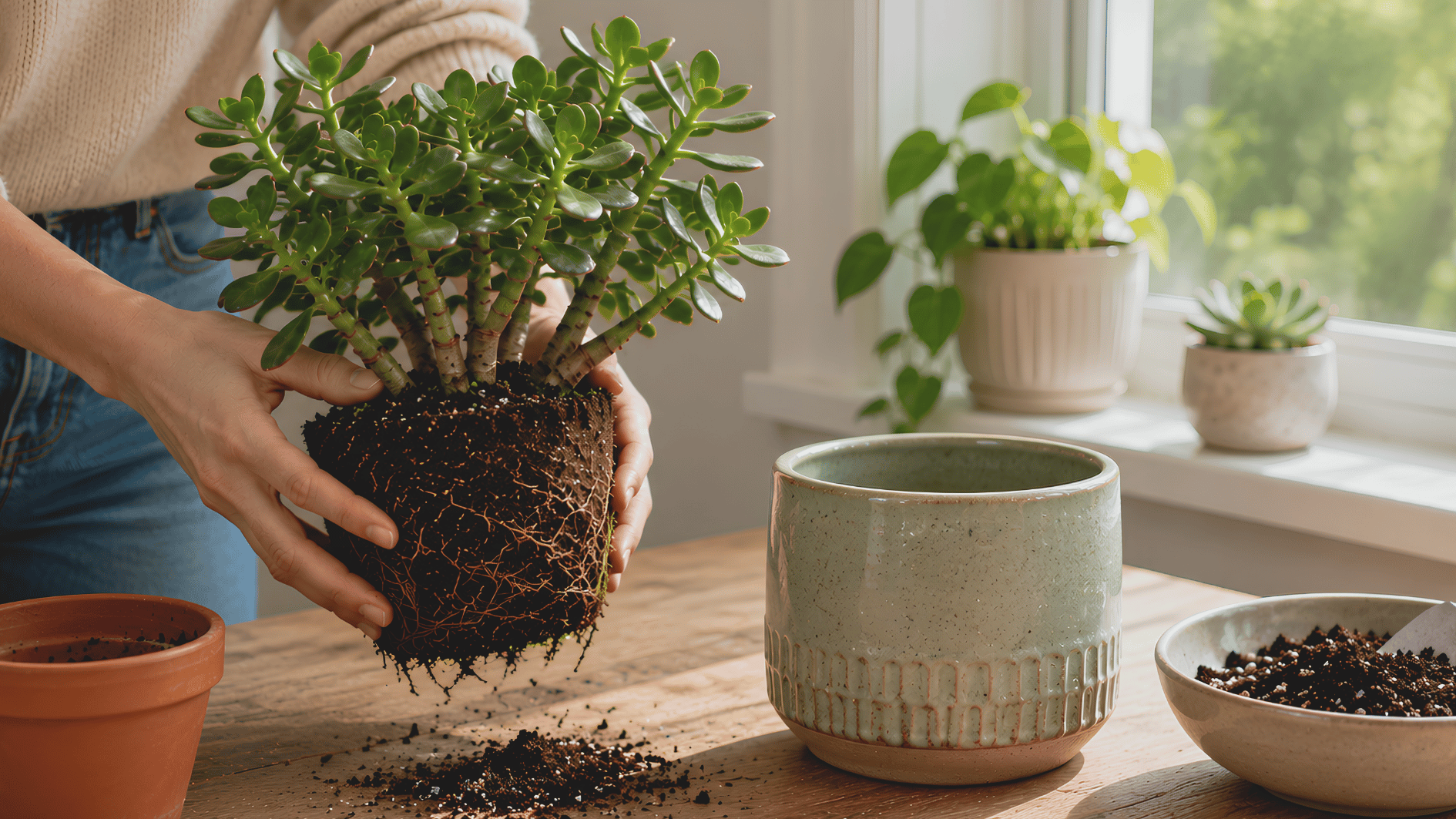 jade plant being repotted with visible roots, fresh soil, and a slightly larger terracotta pot
