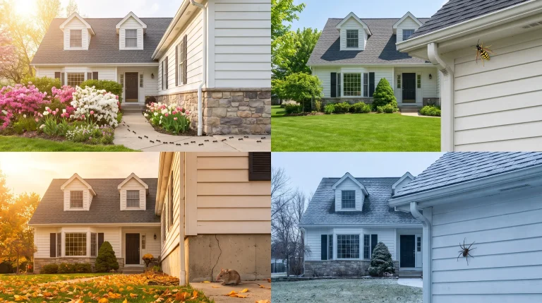 Four different seasonal views of a white house with pests like ants, wasp, mouse, and spider.