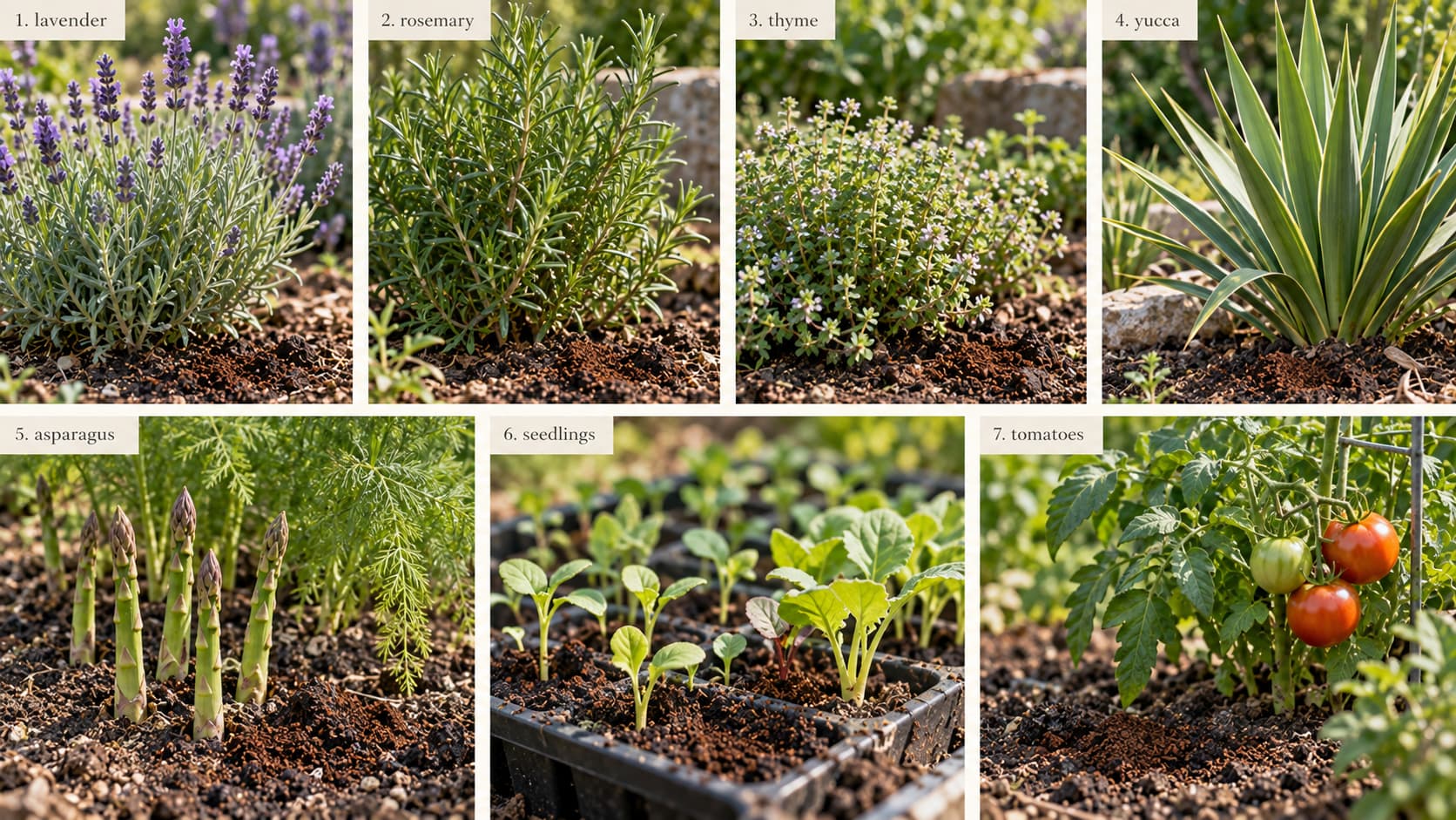 Seven-panel grid showing plants sensitive to coffee grounds, including lavender, rosemary, thyme, yucca, asparagus, seedlings, and tomatoes.