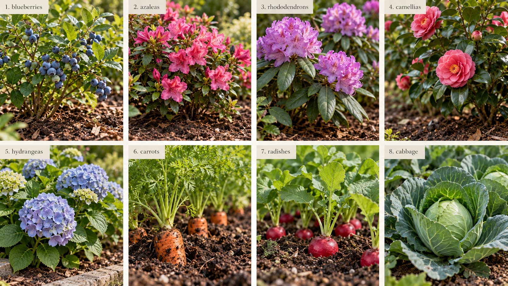 Eight-panel grid showing plants that benefit from coffee grounds, including acid-loving flowers, berries, and root vegetables.