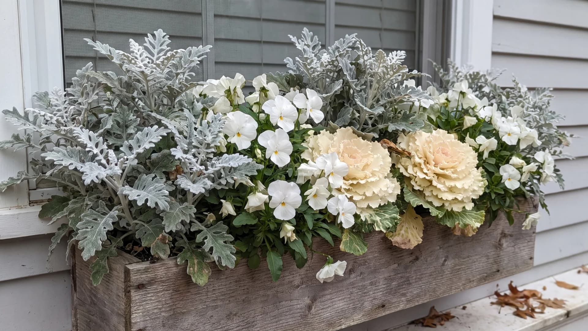 White pansies, dusty miller, and pale ornamental kale in a neutral fall window box.