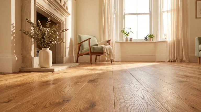 Cozy living room with wooden flooring, armchair, and potted plants near a sunlit window