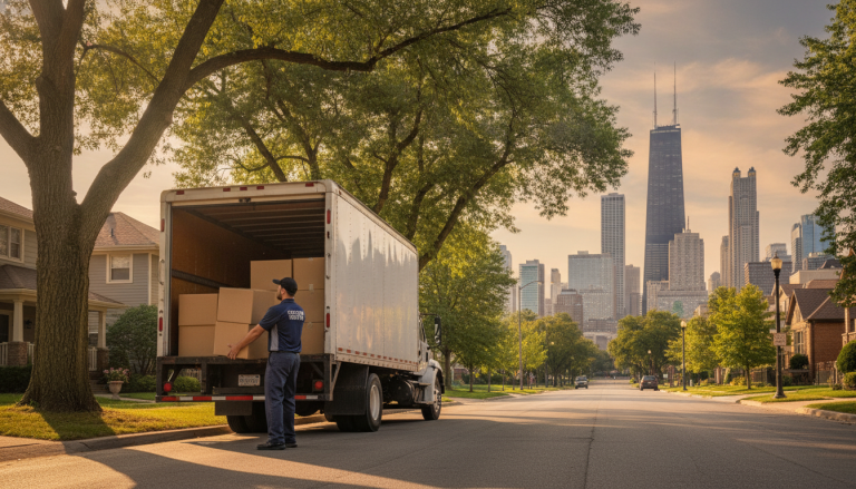 Moving truck parked on residential street with city skyline in the background