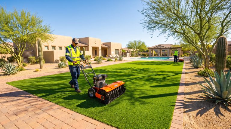 Workers maintaining artificial grass in a landscaped garden with desert plants under bright sunlight