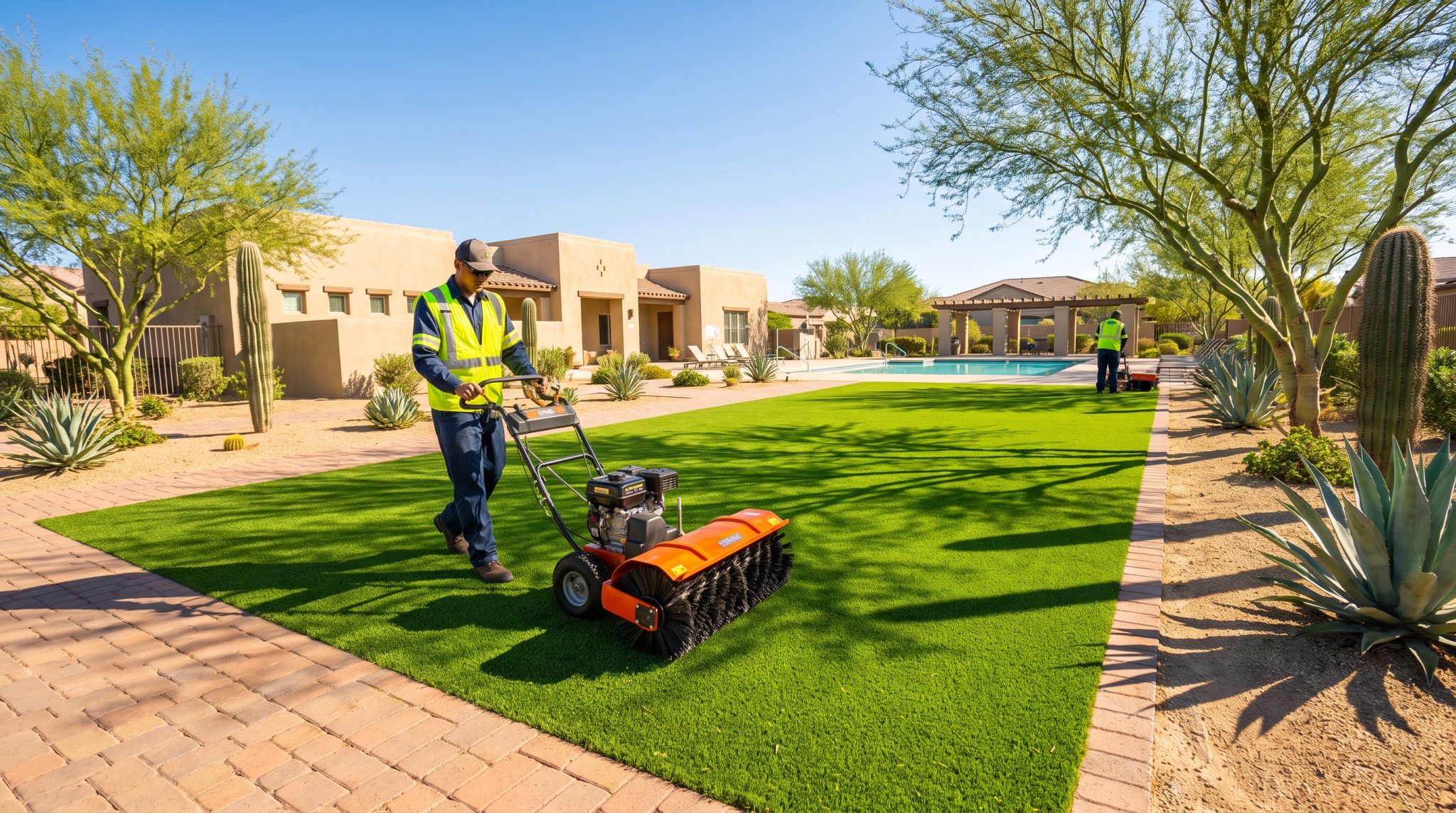Workers maintaining artificial grass in a landscaped garden with desert plants under bright sunlight
