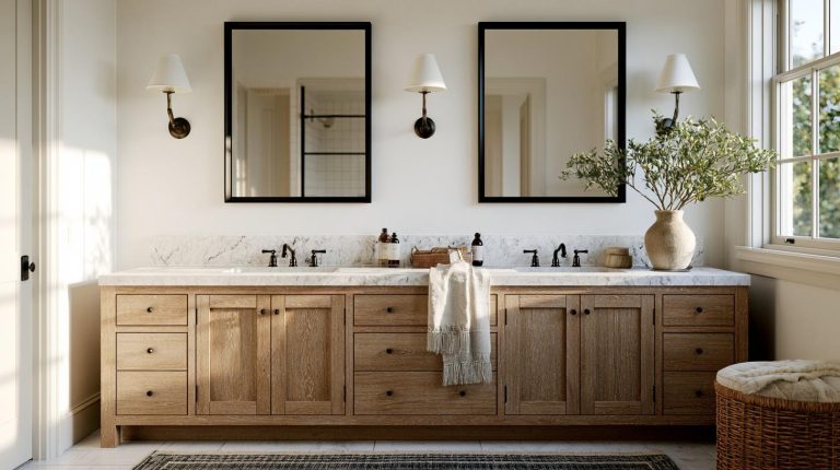 Natural light bathroom with dual sinks, wooden cabinetry, marble countertop, and potted plant under two mirrors