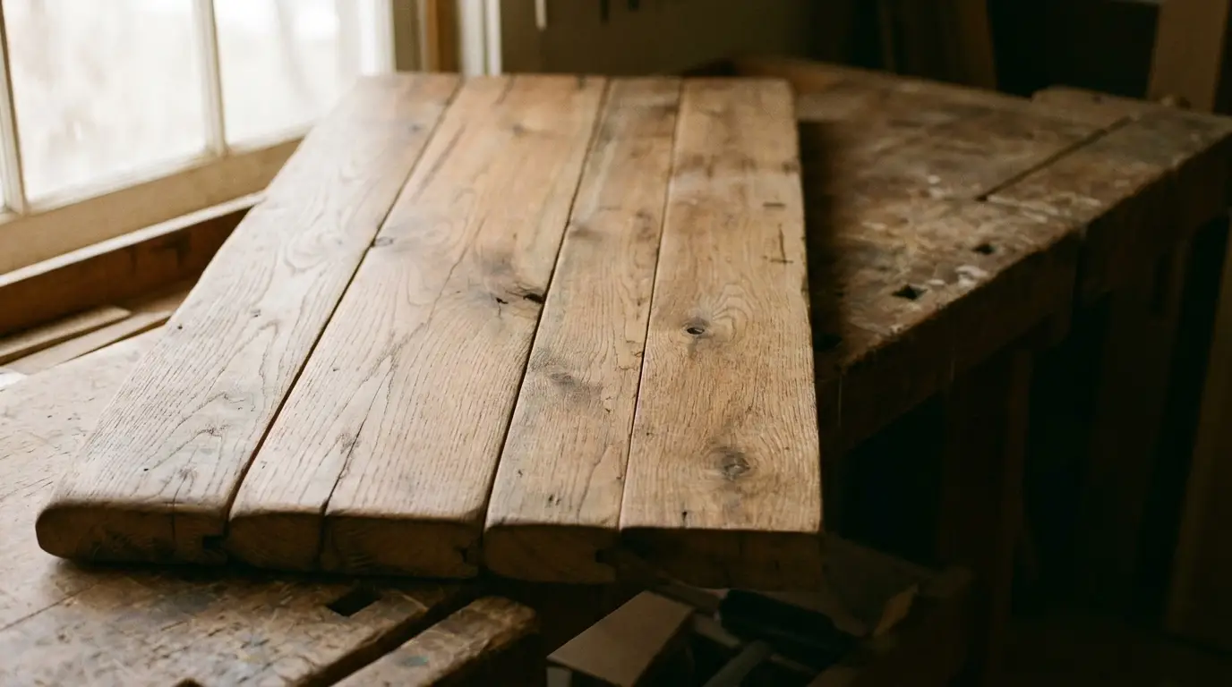 Weathered wooden plank lying on a rustic workbench in a warmly lit workshop