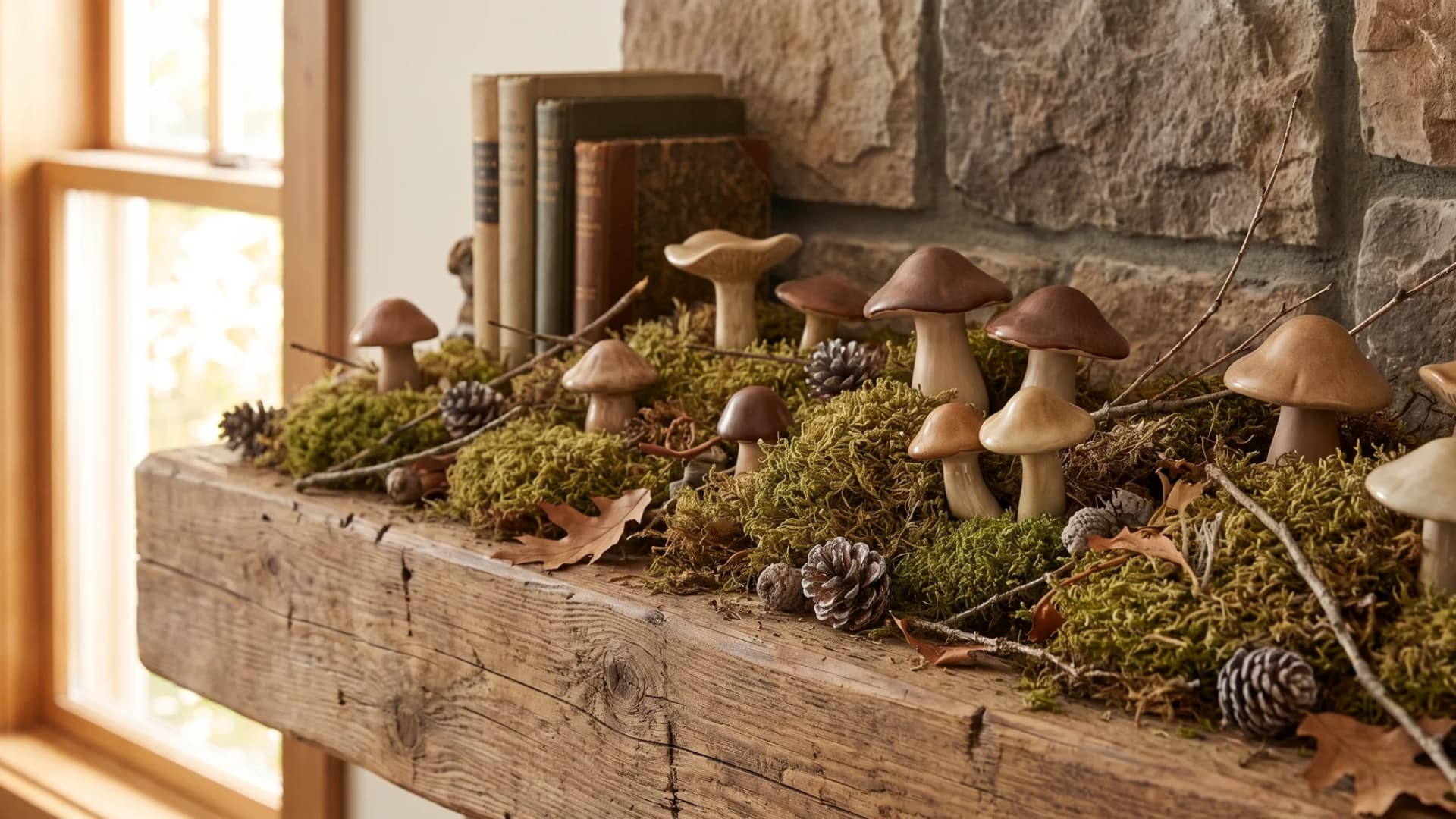 Decorative paper and resin wild mushrooms set inside a lush bed of preserved green moss on a fireplace mantel.