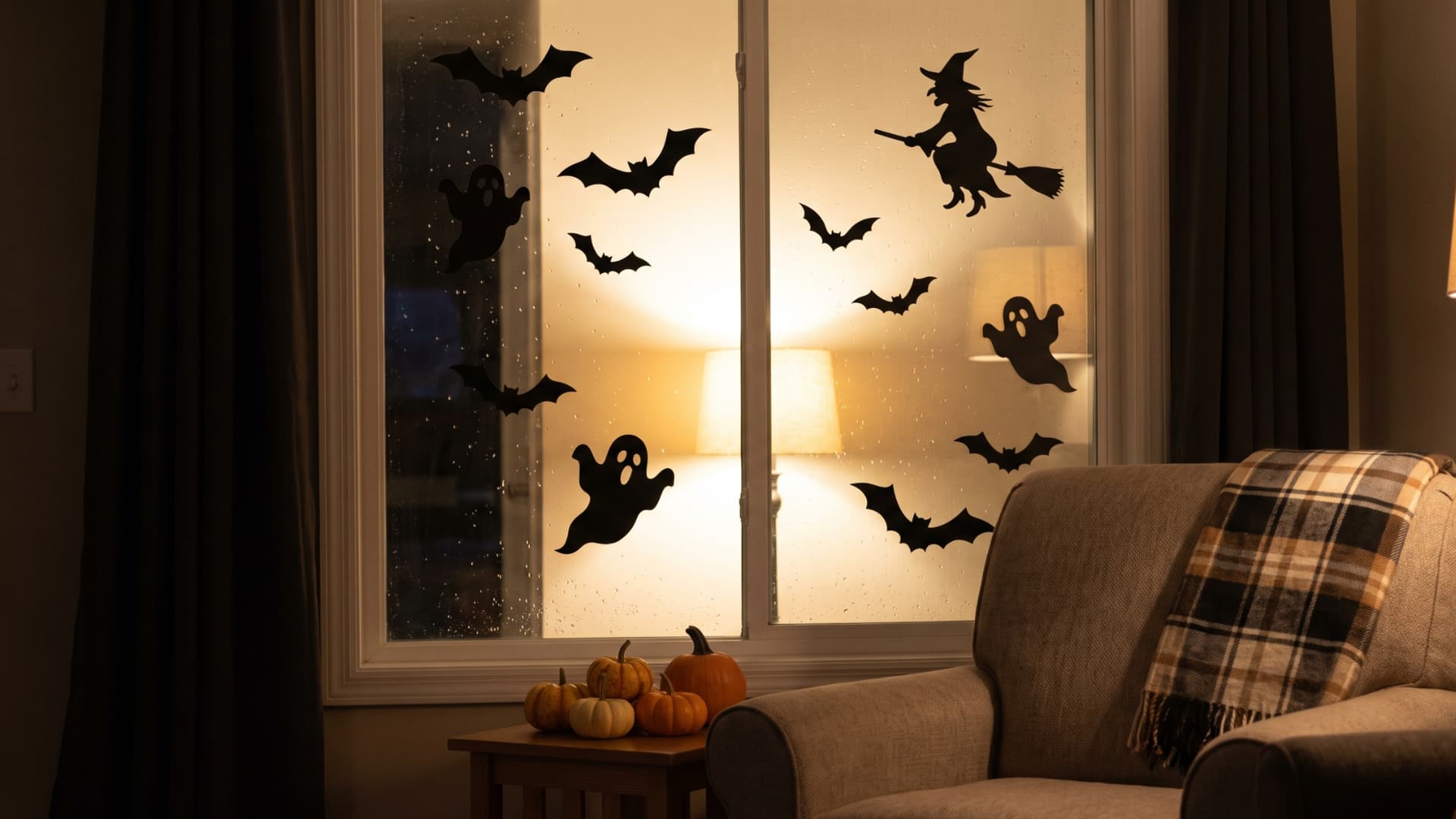 Living room window featuring black vinyl bat and ghost silhouettes backlit by indoor light.